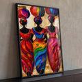 Três mulheres africanas de costas com potes coloridos na cabeça e vestidos vermelhos, quadro decorativo