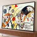 Pintura abstrata geométrica de Kandinsky com linhas pretas, círculos e formas coloridas, quadro decorativo
