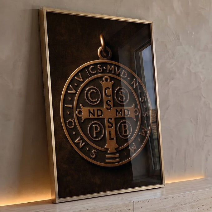 Medalha de São Bento em relevo bronze com cruz e inscrições sobre fundo marrom escuro, quadro decorativo