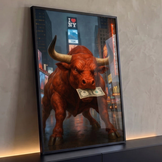 Touro vermelho com nota de dólar na boca em Times Square à noite, quadro decorativo