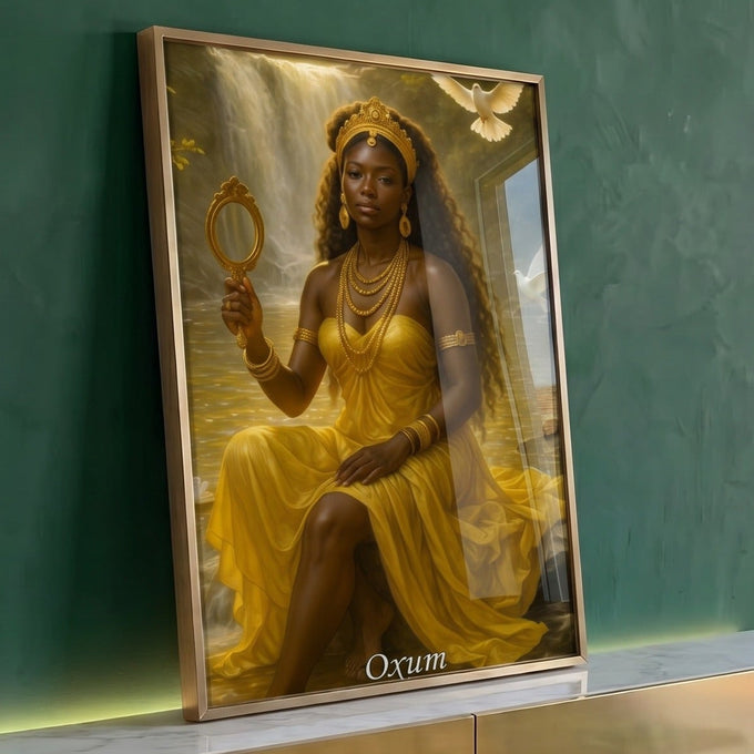 Orixá Oxum de vestido amarelo com espelho dourado, coroa e pombas brancas na cachoeira, quadro decorativo