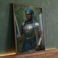 Orixá Ogum guerreiro de armadura prateada, turbante azul e espada em floresta verde, quadro decorativo