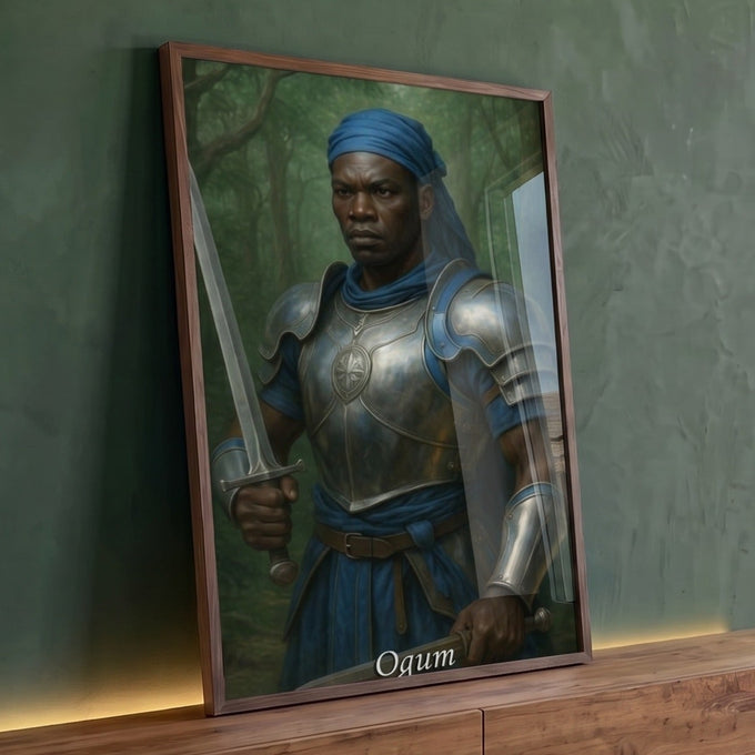 Orixá Ogum guerreiro de armadura prateada, turbante azul e espada em floresta verde, quadro decorativo