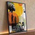 Colagem com mulher negra de turbante, figuras em P&B e círculos amarelo e laranja, quadro decorativo
