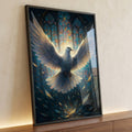 Pomba branca de asas abertas diante de vitral de catedral em azul com cacos de luz dourada, quadro decorativo