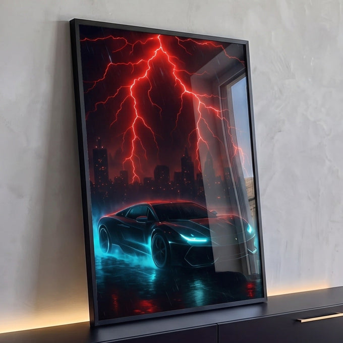 Carro esportivo preto com luzes neon azuis sob raios vermelhos sobre cidade noturna, quadro decorativo
