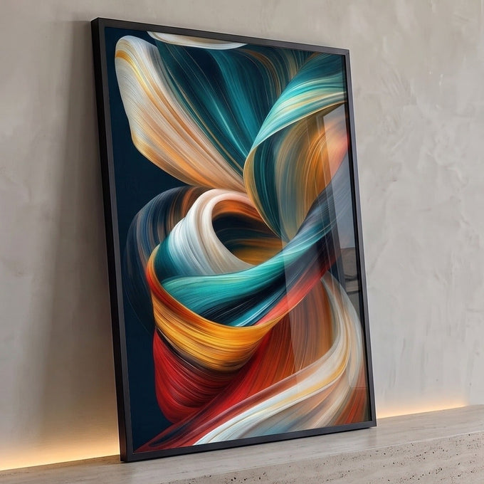 Fitas abstratas entrelaçadas em azul, laranja, vermelho e branco sobre fundo escuro, quadro decorativo