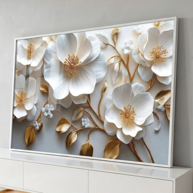 Flores brancas em relevo 3D com miolos, galhos e folhas douradas sobre fundo claro, quadro decorativo