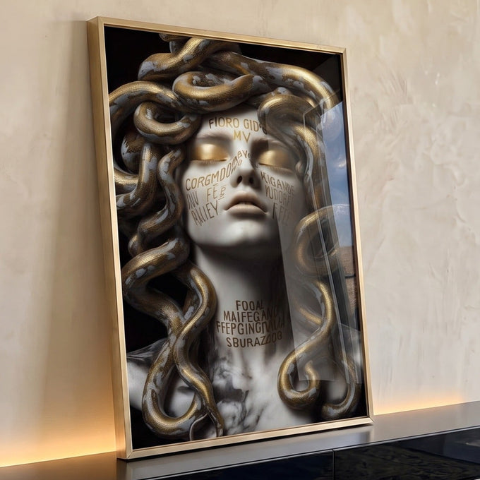 Busto de Medusa em mármore branco com serpentes douradas sobre fundo preto, quadro decorativo