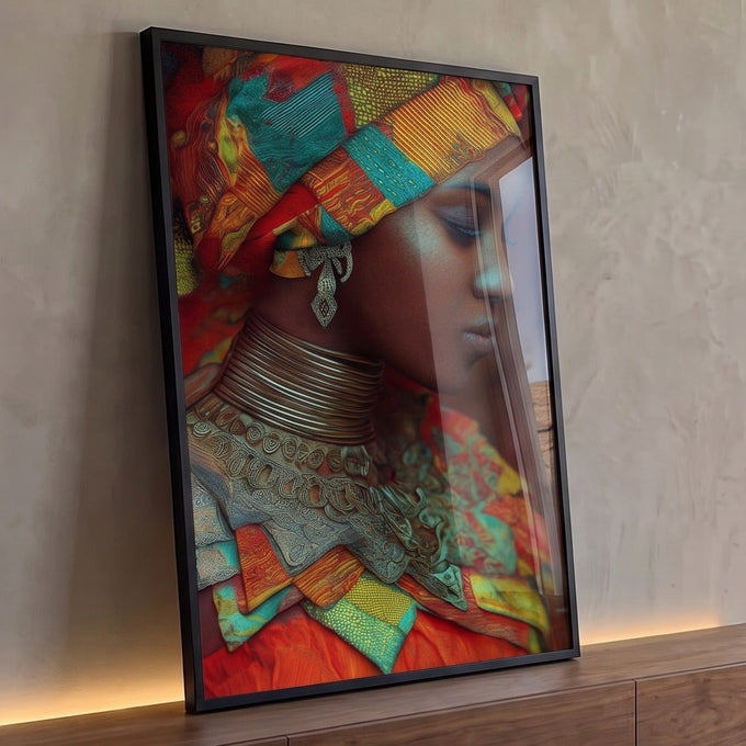 Mulher negra africana de perfil com turbante colorido e colares dourados, quadro decorativo