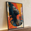 Perfil de mulher negra de olhos fechados em colagem abstrata laranja, vermelha e azul, quadro decorativo