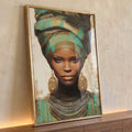 Mulher negra africana com turbante verde e dourado, brincos e colares de contas, quadro decorativo