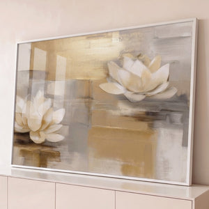 Quadro Decorativo Grande Flores de Lótus para Sala Dourado