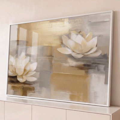 Quadro Decorativo Grande Flores de Lótus para Sala Dourado