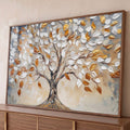 Árvore da vida com folhas brancas e douradas em relevo sobre fundo cinza e bege, quadro decorativo