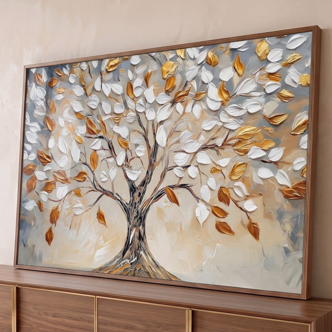 Árvore da vida com folhas brancas e douradas em relevo sobre fundo cinza e bege, quadro decorativo