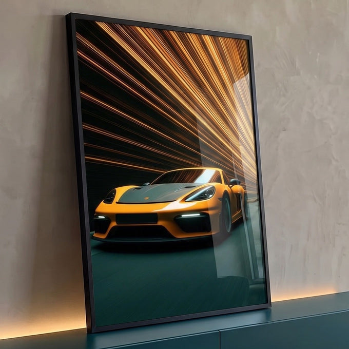 Porsche amarelo em túnel de luzes douradas sobre fundo verde escuro, quadro decorativo