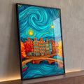 Casas coloridas de Amsterdã junto ao canal sob céu azul em espiral estilo Noite Estrelada, quadro decorativo