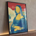 Mona Lisa em pixels azuis e amarelos com céu vermelho e paisagem clara, quadro decorativo