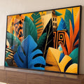Folhas tropicais azuis, verdes e amarelas com prédios estilizados em fundo amarelo, quadro decorativo