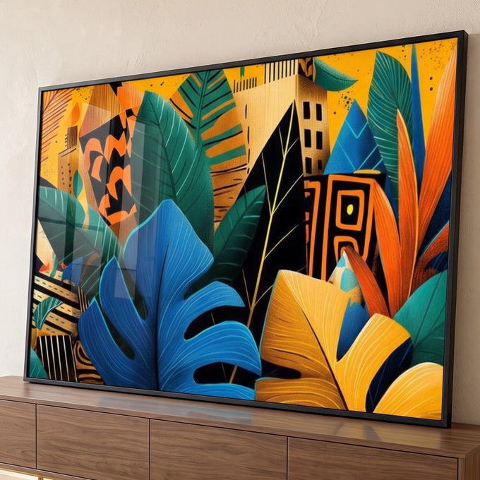 Folhas tropicais azuis, verdes e amarelas com prédios estilizados em fundo amarelo, quadro decorativo