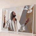 Jesus de braços abertos olhando para pomba branca do Espírito Santo em tons bege, quadro decorativo