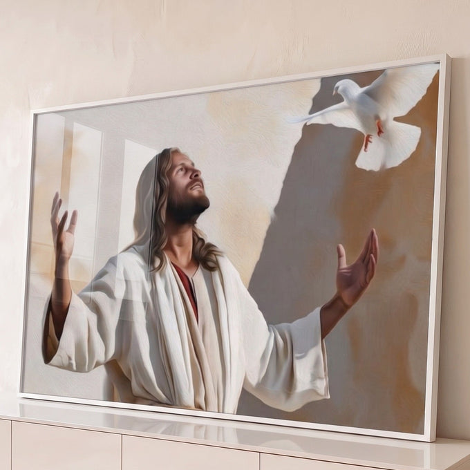 Jesus de braços abertos olhando para pomba branca do Espírito Santo em tons bege, quadro decorativo