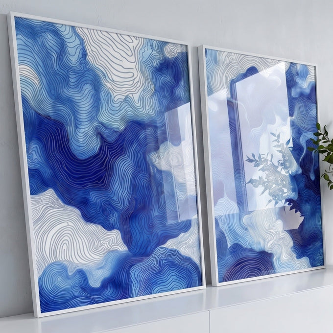 Duas telas abstratas azul e branco com linhas fluidas concêntricas, estilo topográfico, quadro decorativo
