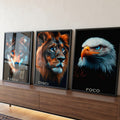 Lobo, leão e águia de olhos azuis em fundo preto com Execução, Disciplina e Foco, quadro decorativo