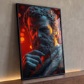 Estátua grega de filósofo barbado pensativo com luz vermelha e fundo bokeh, quadro decorativo
