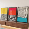 Trio de telas abstratas com arcos, zigue-zague e pontos em amarelo, vermelho e turquesa, quadro decorativo