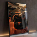 Visão do cockpit de Fórmula 1 laranja com piloto de capacete na pista e rivais à frente, quadro decorativo