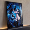 Batman e Mulher-Gato se beijando sob a chuva em pintura azul e preta, quadro decorativo