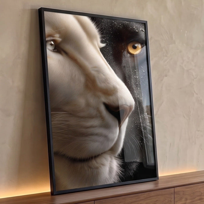 Rosto dividido entre leão branco e pantera negra com olho âmbar e gotas d'água, quadro decorativo