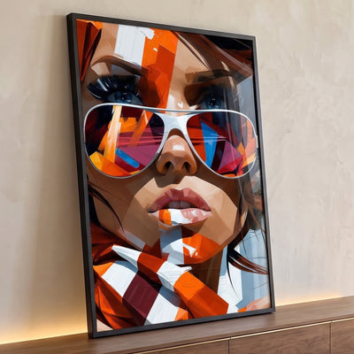 Quadro Decorativo Mulher Óculos Espelhado Laranja e Branco