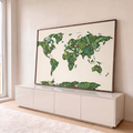 Quadro Decorativo Grande Mapa Mundi para Sala Verde | quadros decorativos para sala | mapa-múndi ilustrado com continentes formados por folhas tropicais verdes e flores coloridas | em Quadros para Sala | Porao dos Quadros