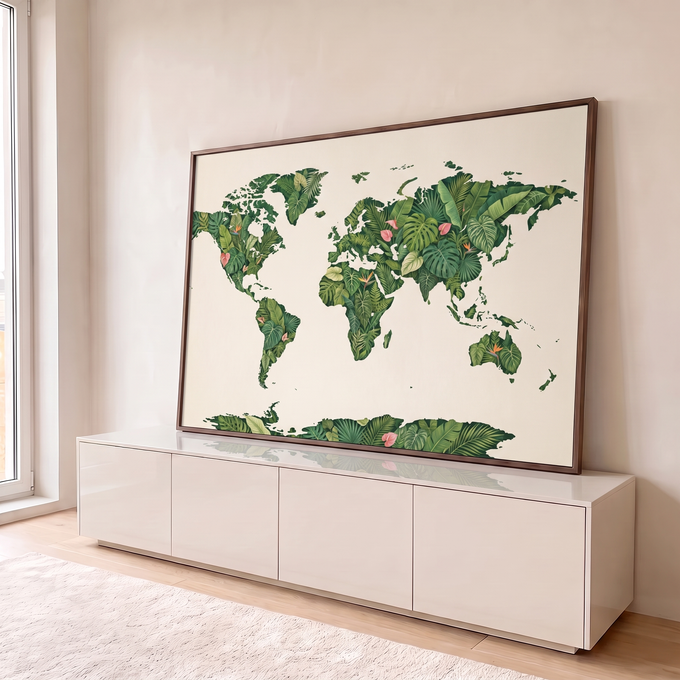 Quadro Decorativo Grande Mapa Mundi para Sala Verde | quadros decorativos para sala | mapa-múndi ilustrado com continentes formados por folhas tropicais verdes e flores coloridas | em Quadros para Sala | Porao dos Quadros