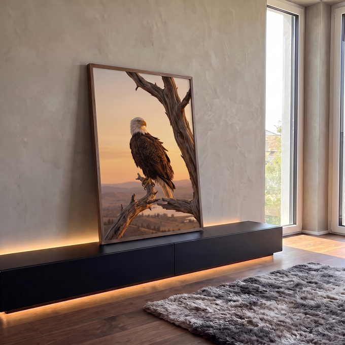 Quadro Decorativo Grande Águia Americana Laranja para Sala | quadros decorativos para sala | águia-de-cabeça-branca pousada em galho seco com céu alaranjado de pôr do sol ao fundo | em Quadros para Sala | Porao dos Quadros