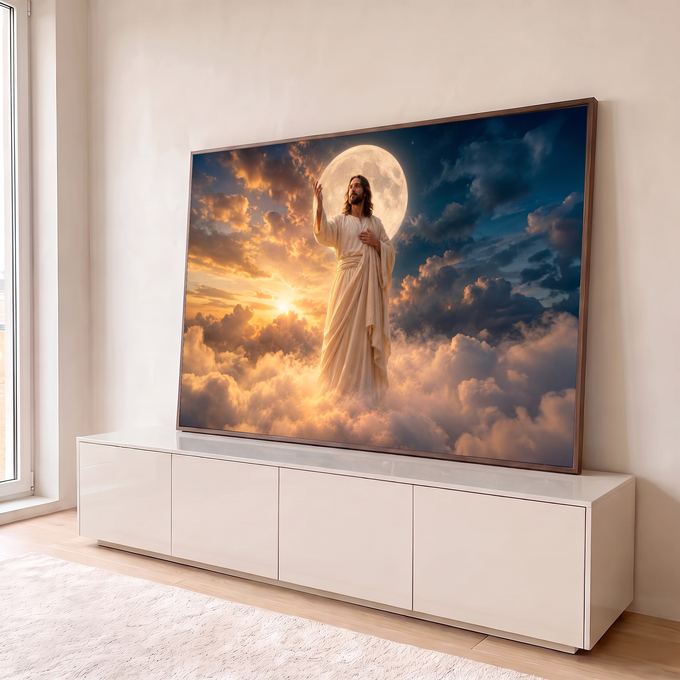 Quadro Decorativo Grande Jesus Cristo Lua para Sala Dourado | quadros decorativos para sala | figura de Jesus em túnica branca com lua cheia atrás da cabeça sobre nuvens | em Quadros para Sala | Porao dos Quadros