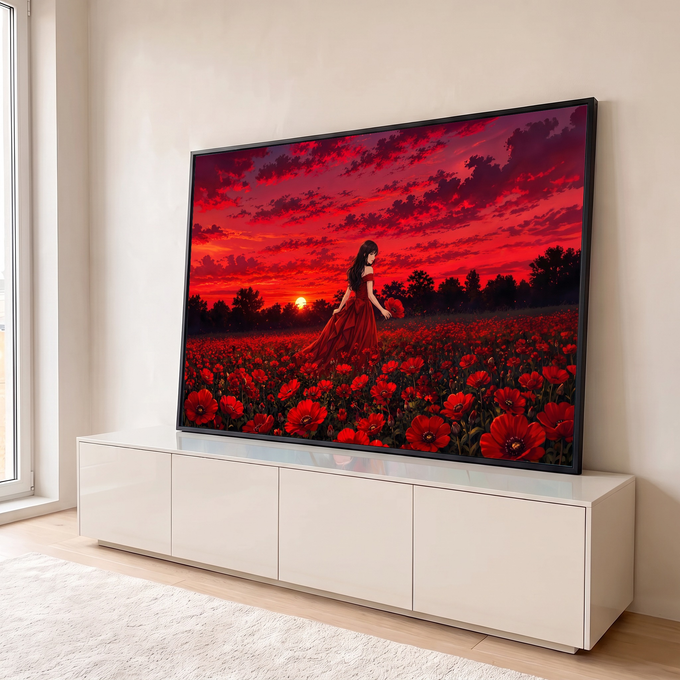 Mulher de vestido vermelho caminhando em campo de papoulas ao pôr do sol vermelho, quadro decorativo