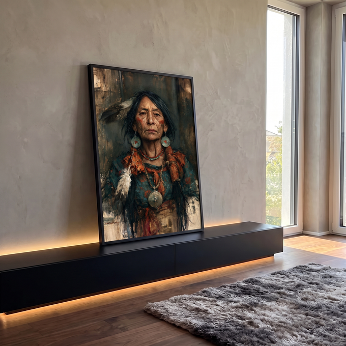 Quadro Decorativo Retrato de Mulher Indígena com Penas | quadros decorativos para sala | retrato pintado de mulher indígena idosa com penas, brincos turquesa e medalhão prateado | em Quadros para Sala | Porao dos Quadros