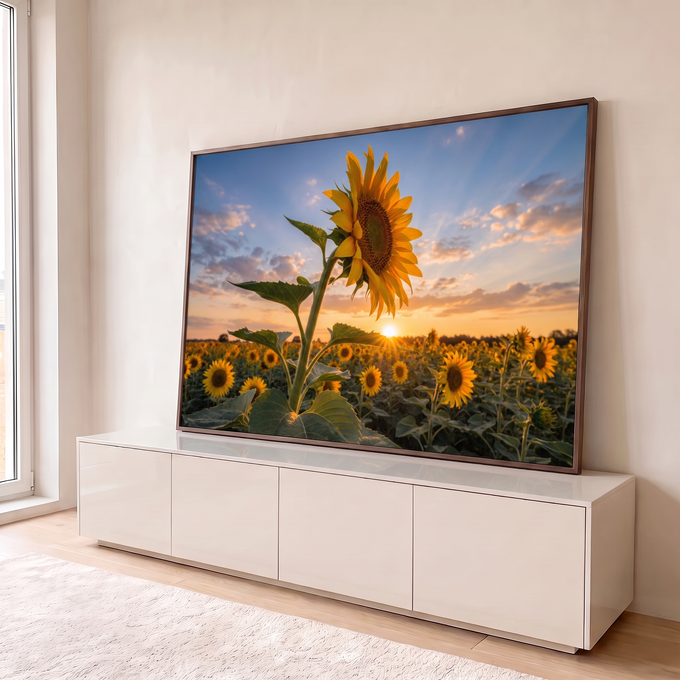 Quadro Decorativo Grande Girassol ao Pôr do Sol para Sala | quadros decorativos para sala | girassol em destaque sobre campo de girassóis ao pôr do sol | em Quadros para Sala | Porao dos Quadros
