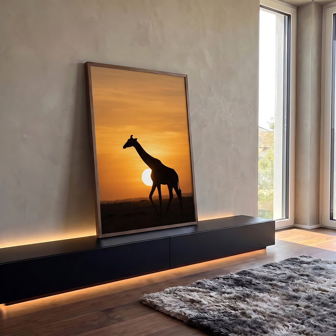 Silhueta de girafa caminhando na savana com sol baixo e céu laranja ao entardecer, quadro decorativo
