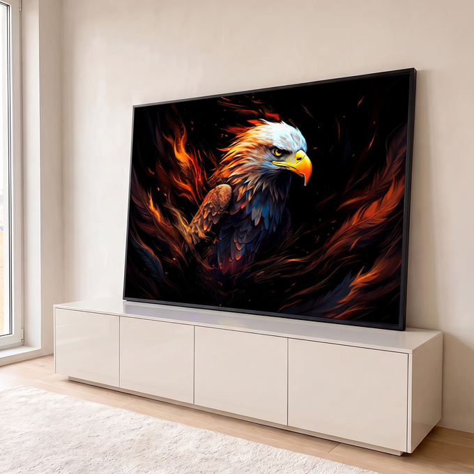 Águia de cabeça branca com penas em chamas laranja sobre fundo preto, arte digital, quadro decorativo