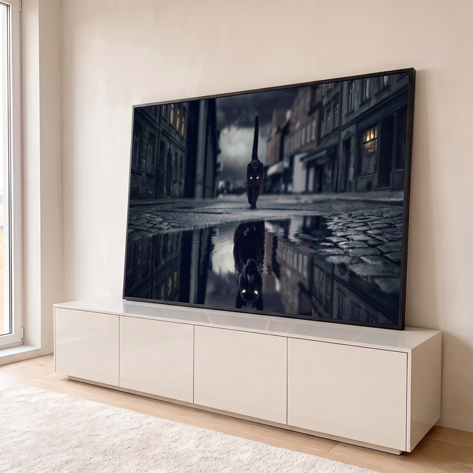 Quadro Decorativo Grande Gato Caminhando para Sala Preto | quadros decorativos para sala | gato preto de olhos dourados caminhando em rua noturna com reflexo na poça | em Quadros para Sala | Porao dos Quadros