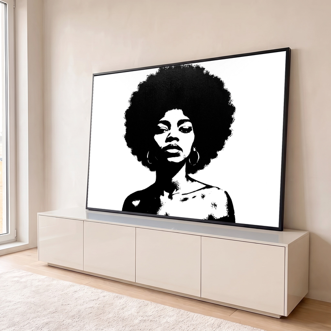 Quadro Decorativo Grande Mulher com Black para Sala Preto | quadros decorativos para sala | retrato de mulher com cabelo black power em preto e branco alto contraste | em Quadros para Sala | Porao dos Quadros