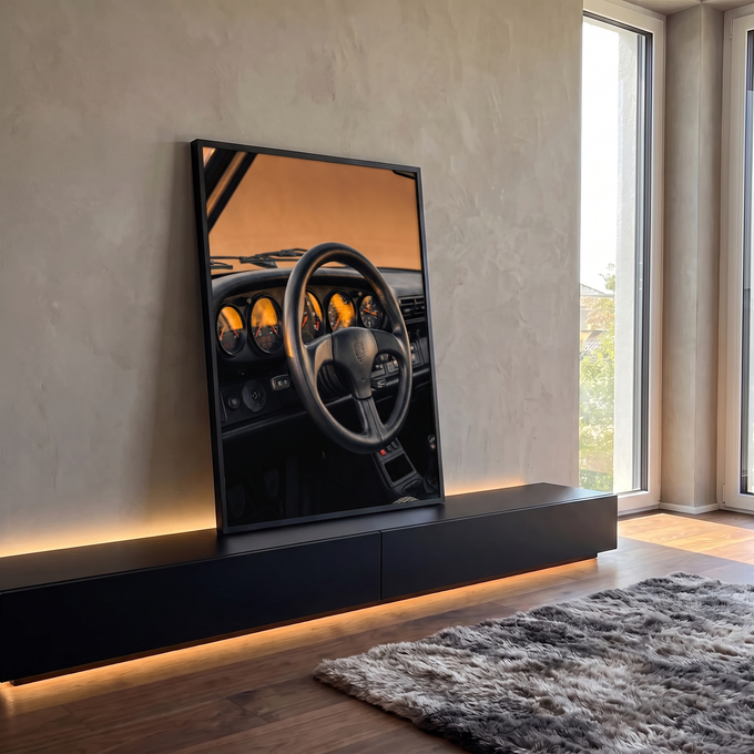 Interior de Porsche clássico com volante de couro preto e painel laranja ao entardecer, quadro decorativo