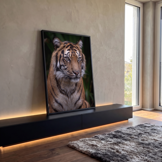 Tigre sentado com pelagem laranja, listras pretas e olhar lateral sobre fundo verde escuro, quadro decorativo