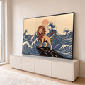 Quadro Decorativo Grande Leão com Juba de Fogo para Sala | quadros decorativos para sala | leão sobre rocha com juba em chamas vermelhas e ondas japonesas azuis ao fundo | em Quadros para Sala | Porao dos Quadros