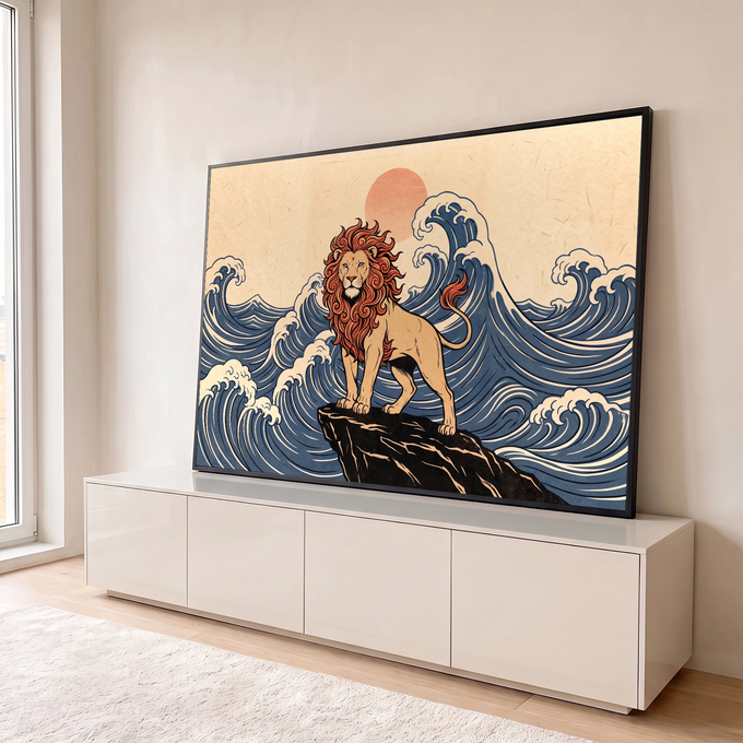 Quadro Decorativo Grande Leão com Juba de Fogo para Sala | quadros decorativos para sala | leão sobre rocha com juba em chamas vermelhas e ondas japonesas azuis ao fundo | em Quadros para Sala | Porao dos Quadros